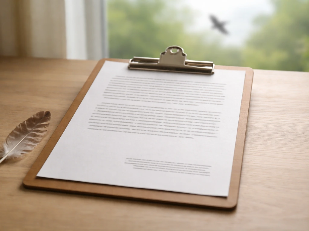 Minimal clipboard with a white flyer sheet and a feather, with a soft outdoor bird silhouette blurred behind.