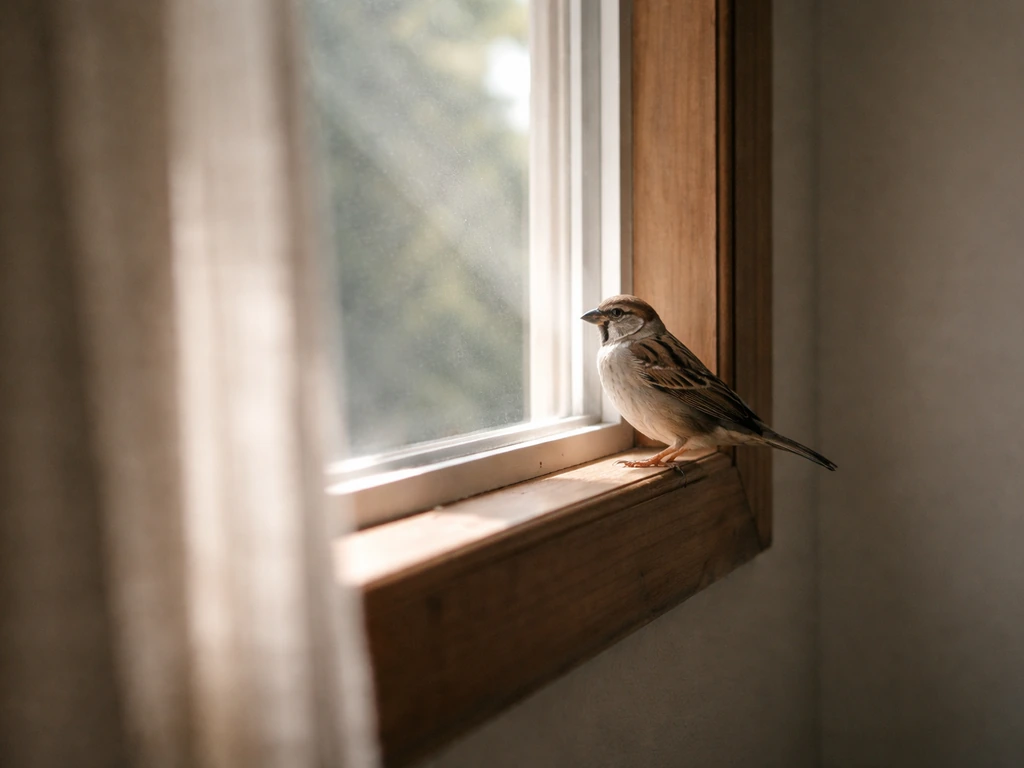 A small bird perched by a doorway/window, framed as a quiet moment of noticing with soft natural light.