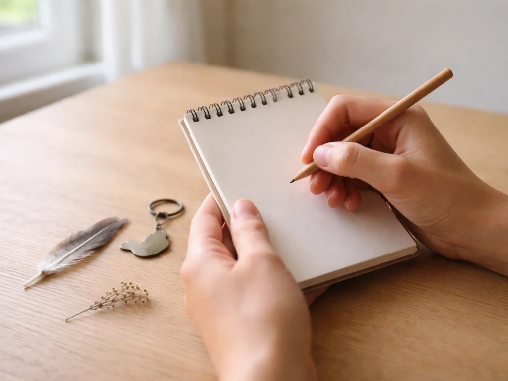 Hands on a wooden table with a feather and small bird charm, suggesting narrowing dream interpretations.