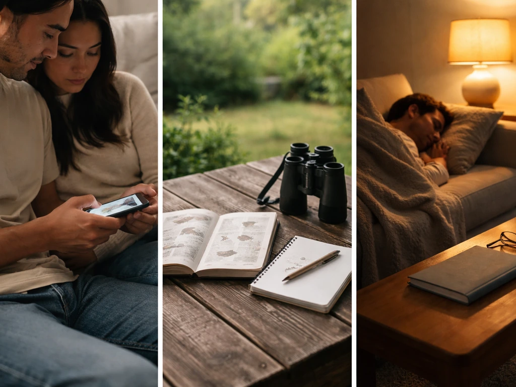 Three-panel split image: couple using phone, birdwatching guide on table, and person asleep with a dream journal.
