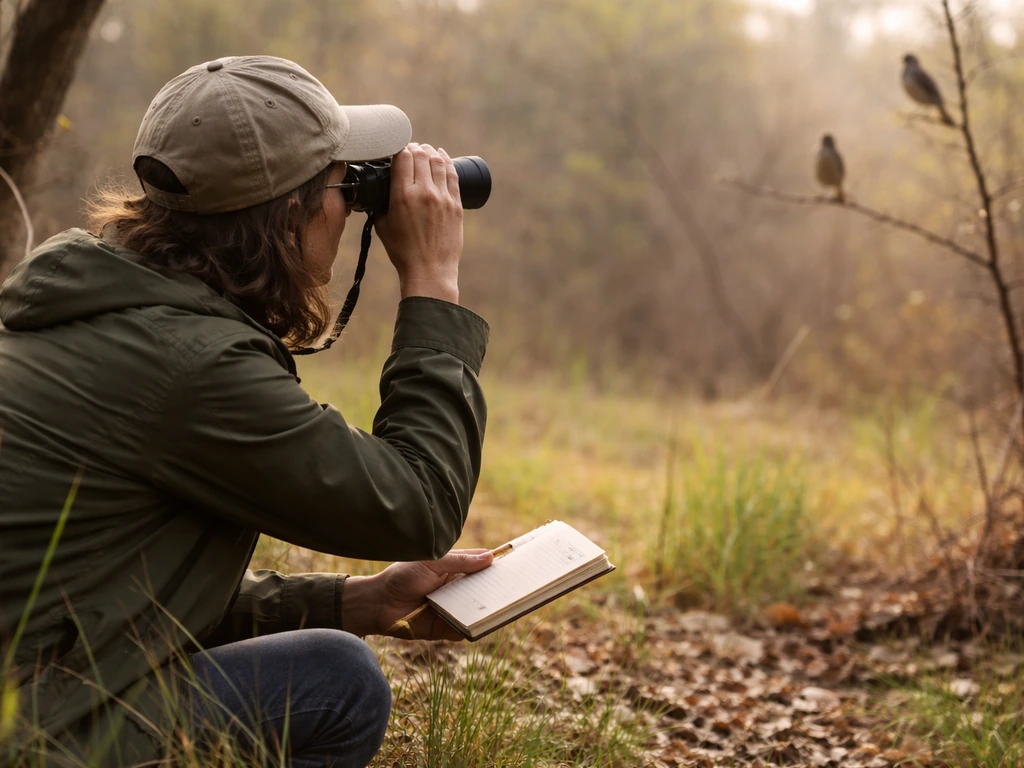 Crouching bird watcher using binoculars and a field notebook beside two distant birds in woodland grass.
