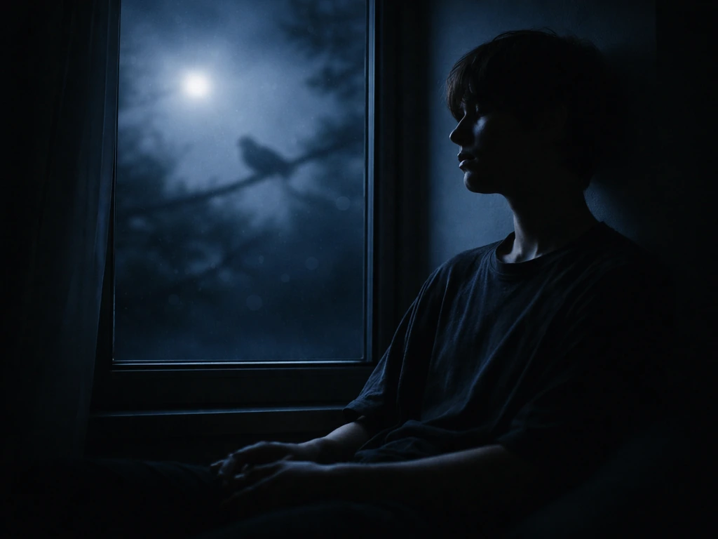 Eyes-closed person beside a night window as a bird silhouette appears in moonlight, symbolically ominous