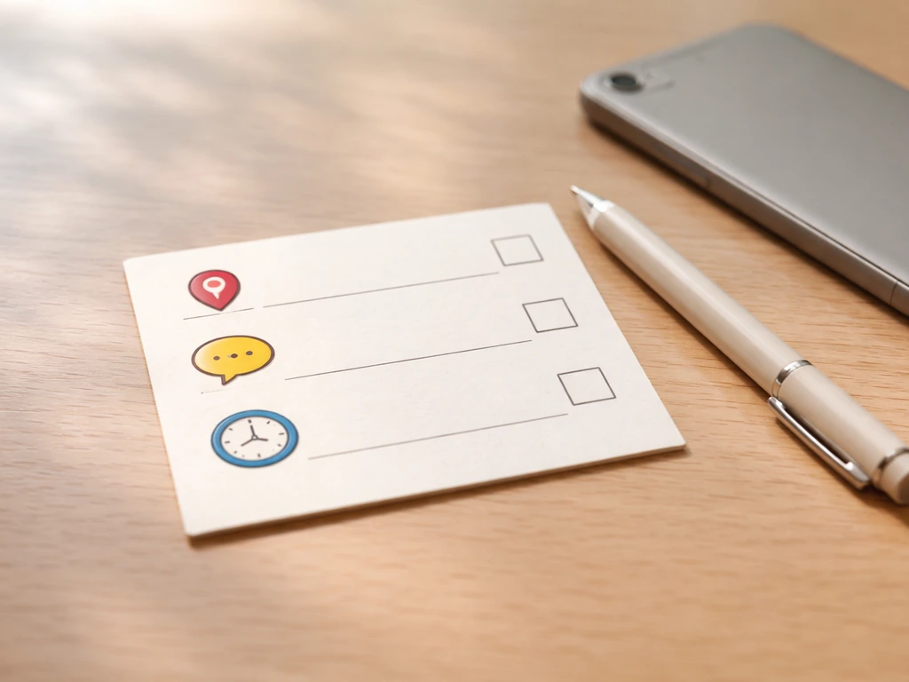 Minimal tabletop checklist card with three icons and a pen, suggesting a quick 3-step context check.