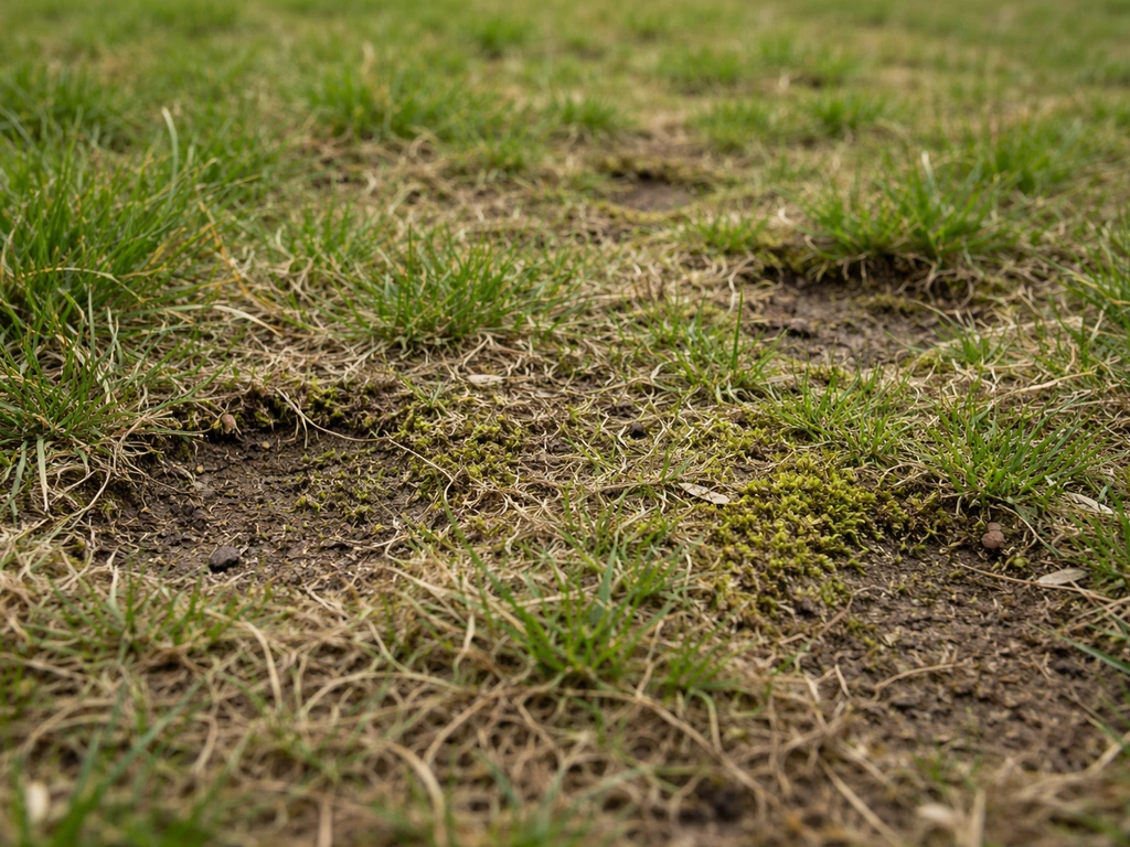 Natuurlijke gazonbodem met viltlaag en open plekken waar mos en zwakke grasgroei zichtbaar is.