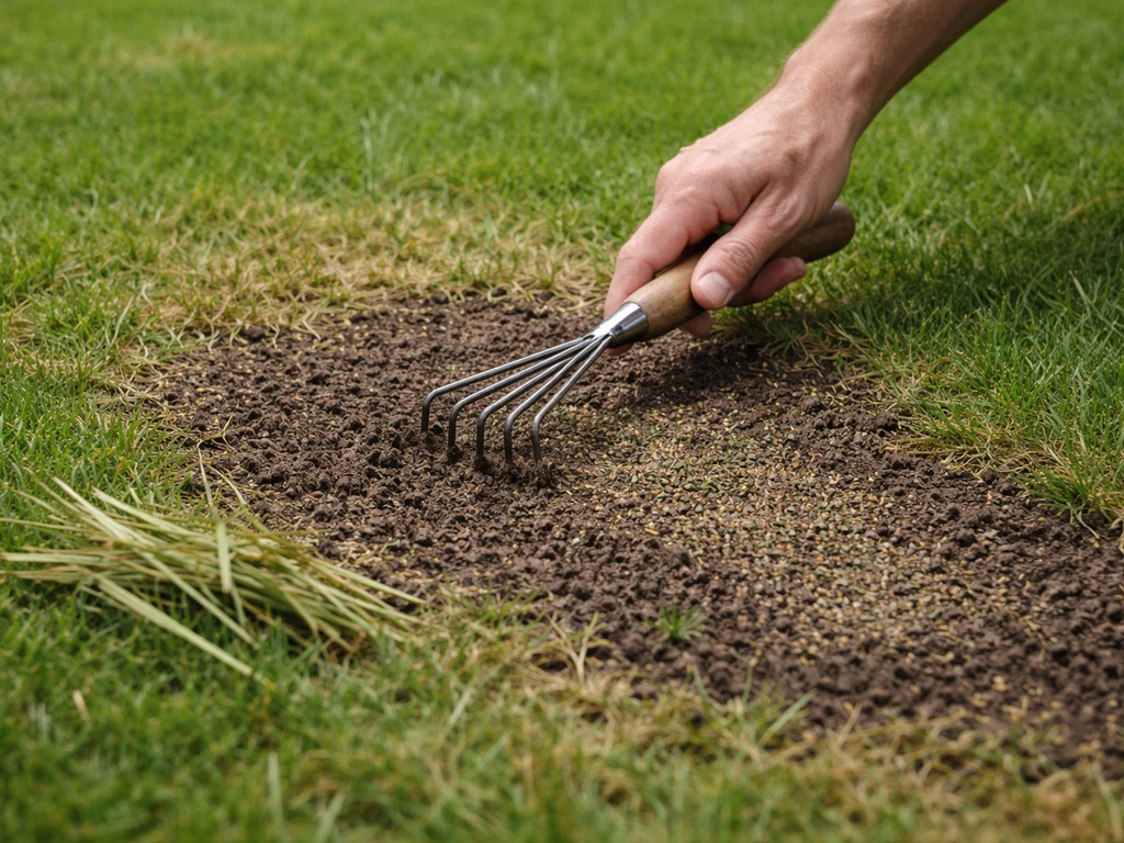 Tuinier laat gespoelde, doorwaaide graszode zien met nieuw doorzaai-zaad op een beschadigde plek