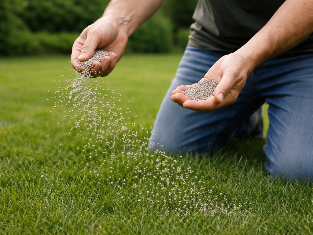 Hand strooit mestkorrels over een groen gazon met gelijkmatige verdeling, bij daglicht.