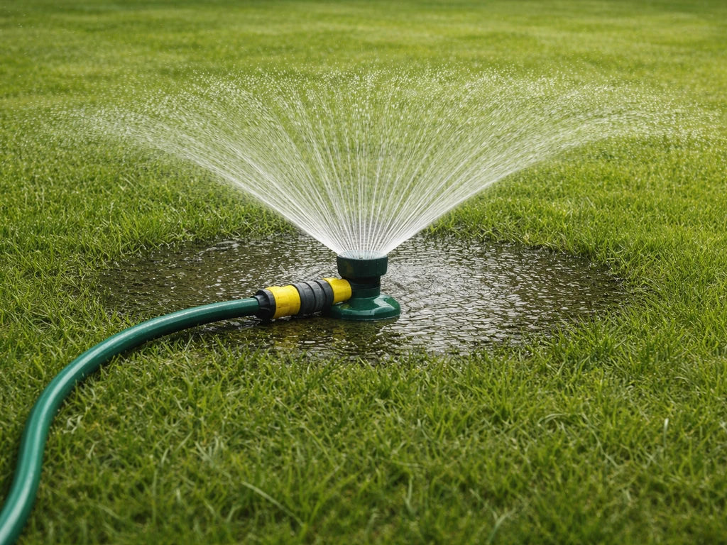 Gazon met tuinslang-sproeier die gecontroleerd water geeft; grond wordt zichtbaar donkerder
