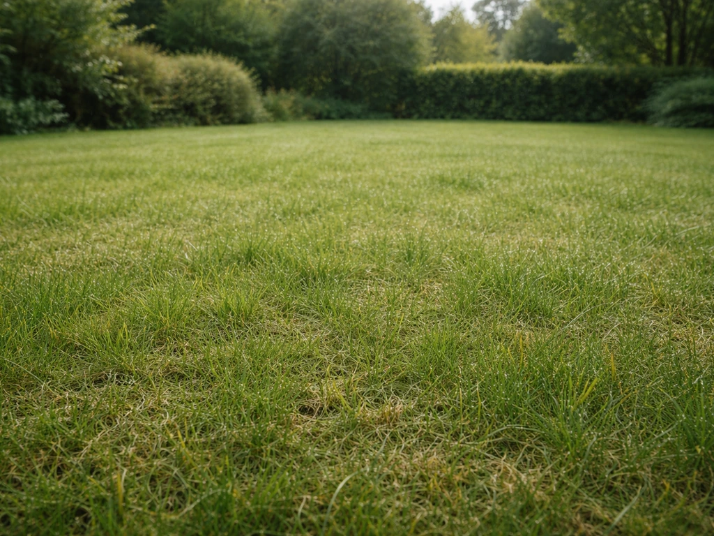 Overzicht van een gelijkmatig groen Nederlands gazon met lichte viltlaag, passend bij voorjaar of herfst.