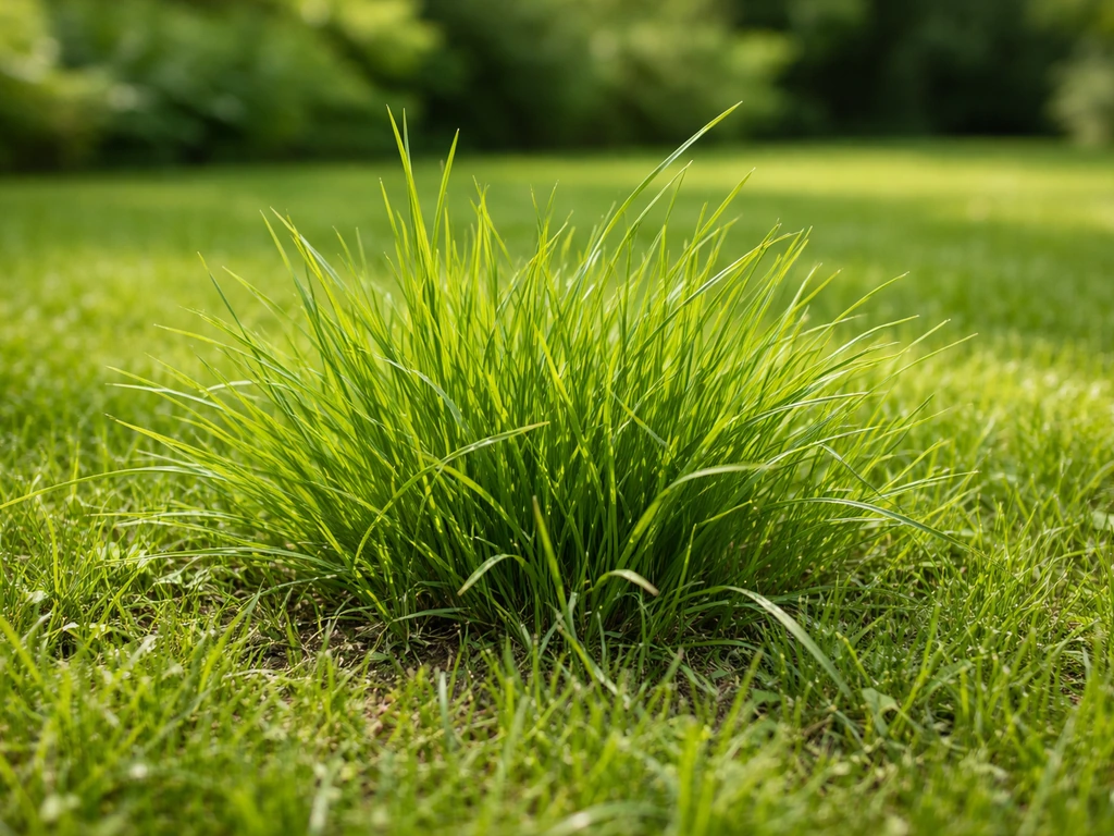Scherpe close-up van een gezonde graspol met zichtbare grassprieten en bladstructuur in natuurlijk gazon