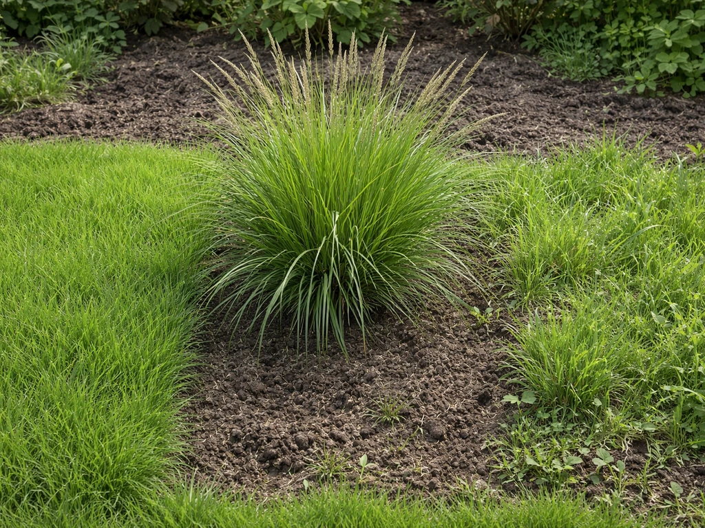 Drie soorten gras in één tuin, gescheiden vakken: gazon, siergraspol en wild/onkruidgras.