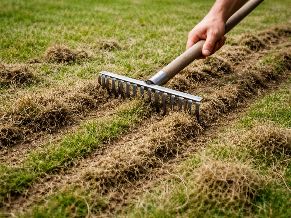Close-up van een verticuteerhark die vilt loshaalt en opengetrokken grasgrond toont.