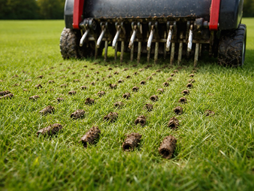 Graszode met gaten doorprikt door een gazonbeluchter op een verzorgd gazon, close-up bij daglicht.