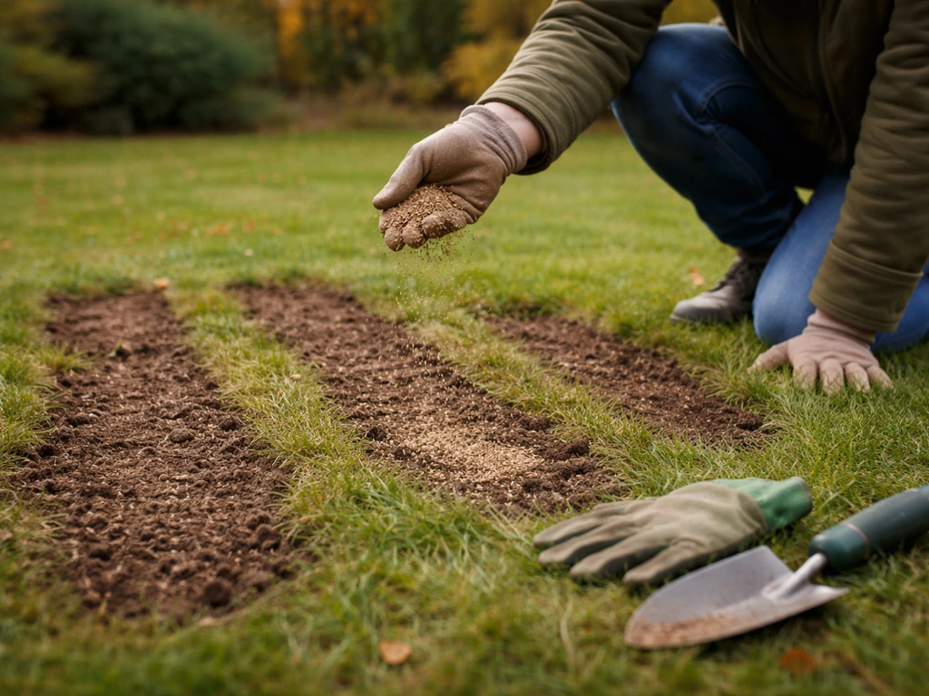 Tuinman zaait kale plekken in de herfst in opengewerkte grond met licht afgeharkte toplaag.