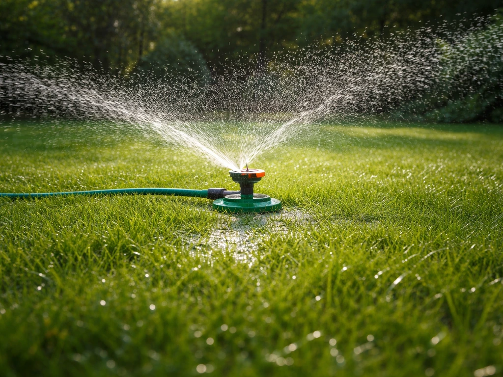 Grasveld met sproeier die waterdruppels spuit en duidelijke natte plekken laat zien.