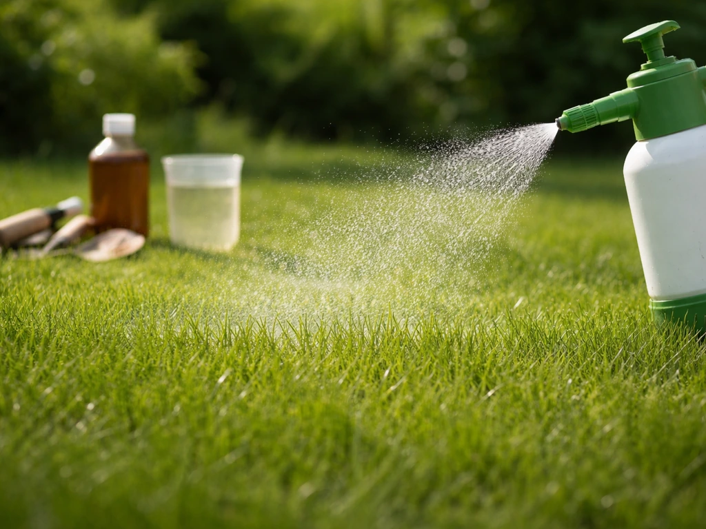 Groen gazon met sproeinelement dat druppels spuit; in onscherpe achtergrond preparaatfles en maatbeker.