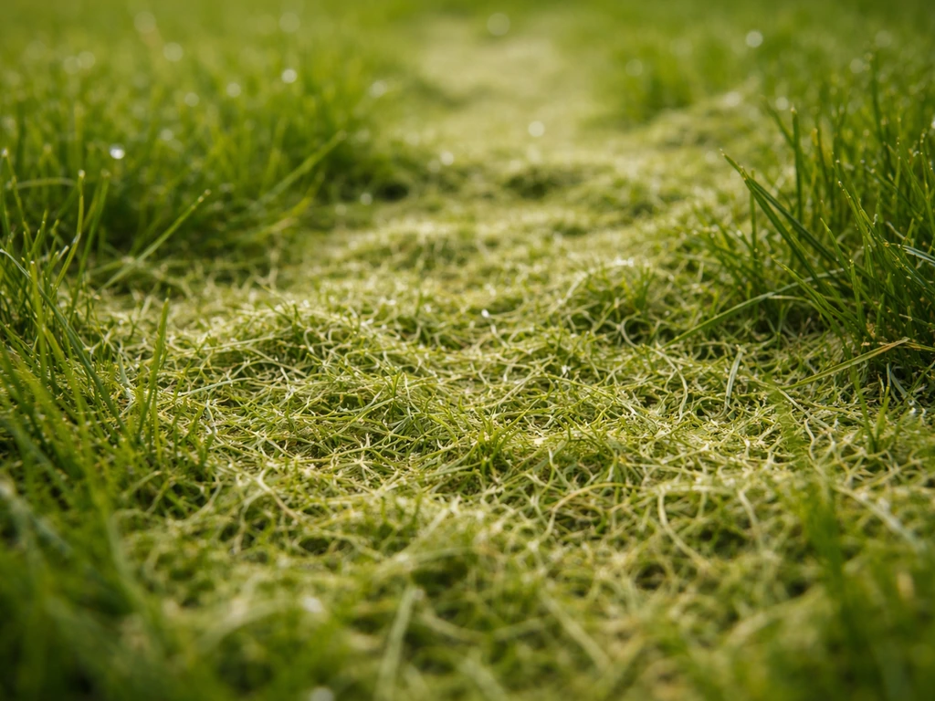 Close-up van fijn, luchtig maaisel als mulch op het gazon, na het maaien