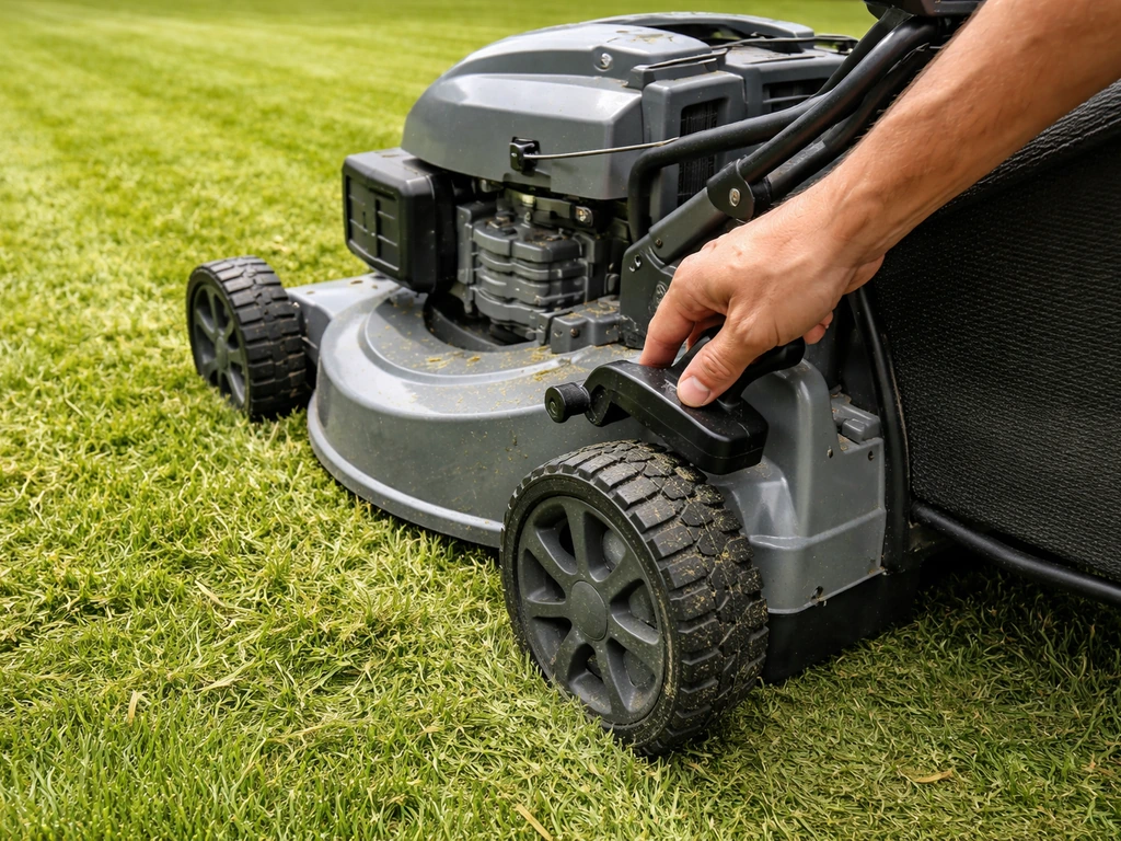 Close-up van een maaier op het gras met een hand die de maaihoogte instelt; maaisel ligt verspreid.
