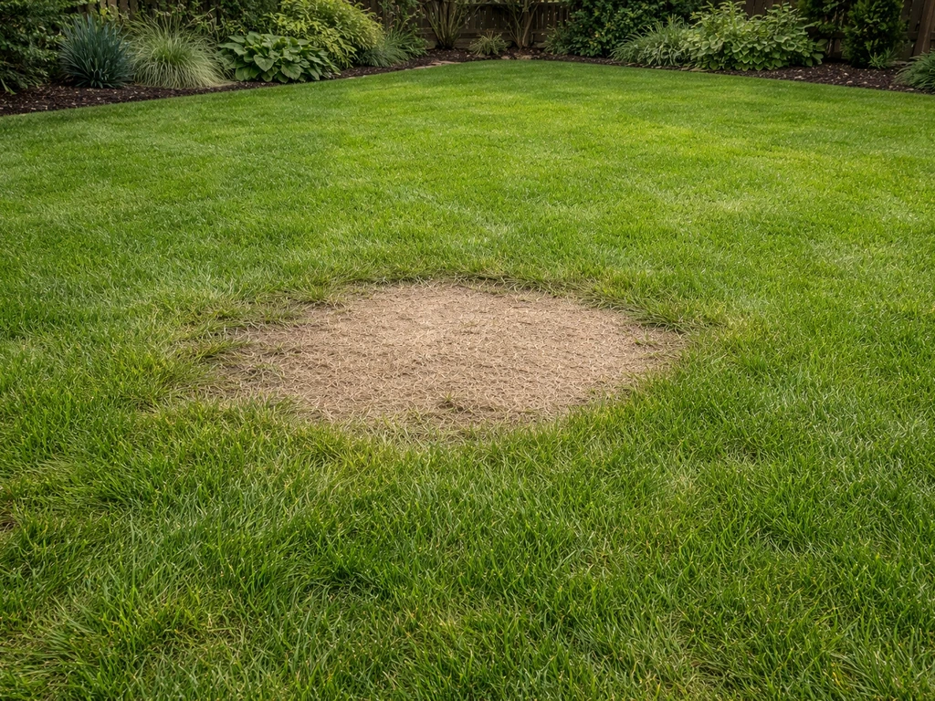 Kale bruine plek in het gazon met scherpe rand tegen groen gras in een rustige tuin