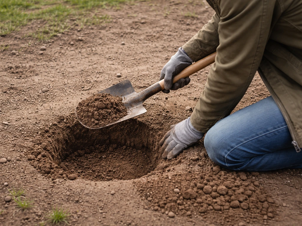 Anonieme persoon graaft een klein kuiltje in de bodem met een spade om de bodemstructuur te beoordelen.