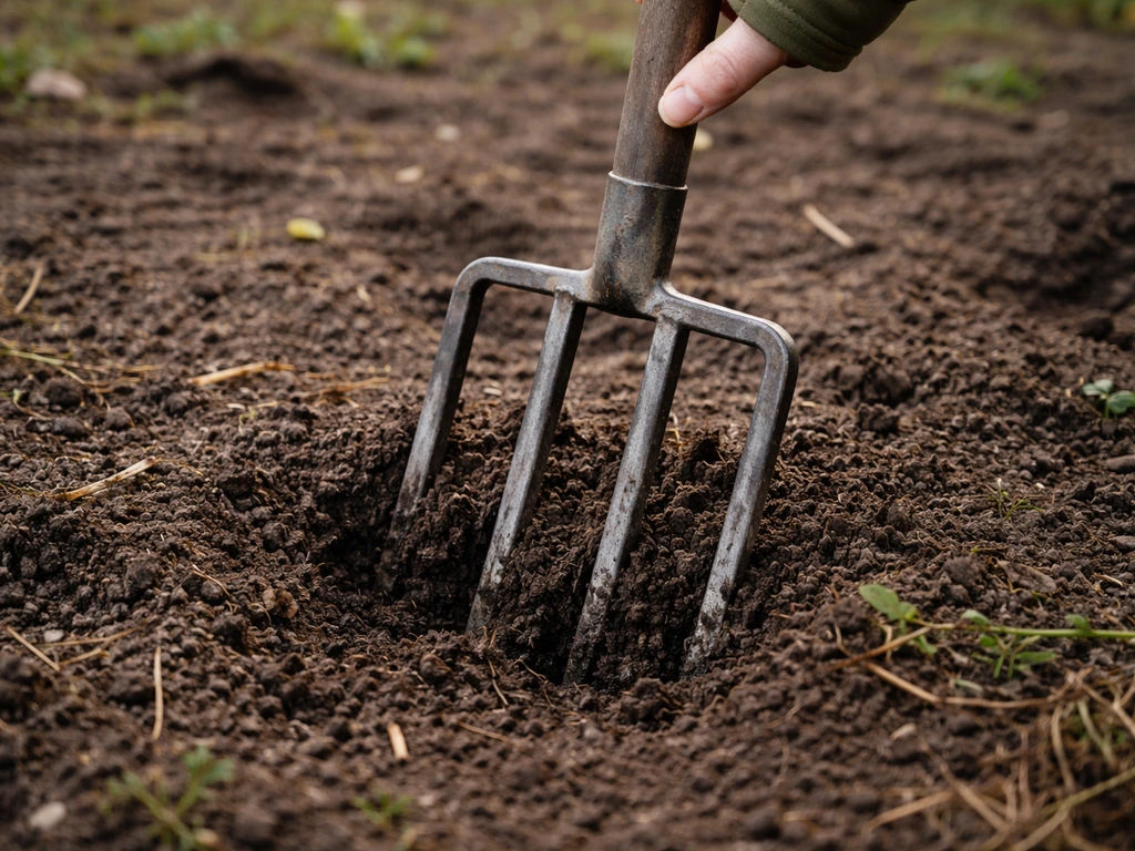 Close-up van een grondvork die in kale grasgrond wordt gestoken om de bodem te beluchten