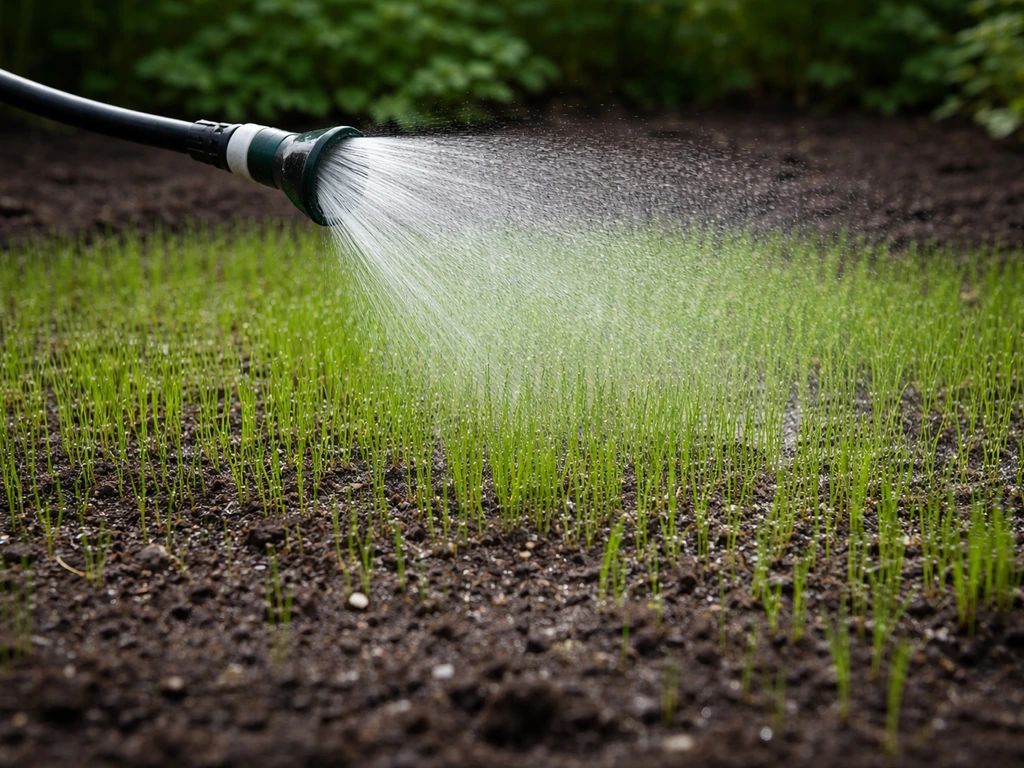 Tuinhandschoen en een slang met fijne sproeikop die ingezaaid gras licht vochtig maakt in het vroege voorjaar