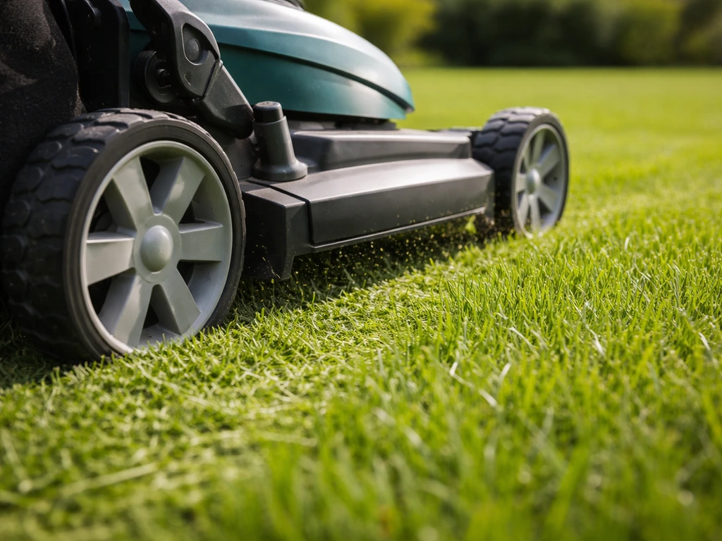 Close-up van een grasmaaibeurt: grasmaaier snijdt gras netjes af en maaisel ligt op de grond.