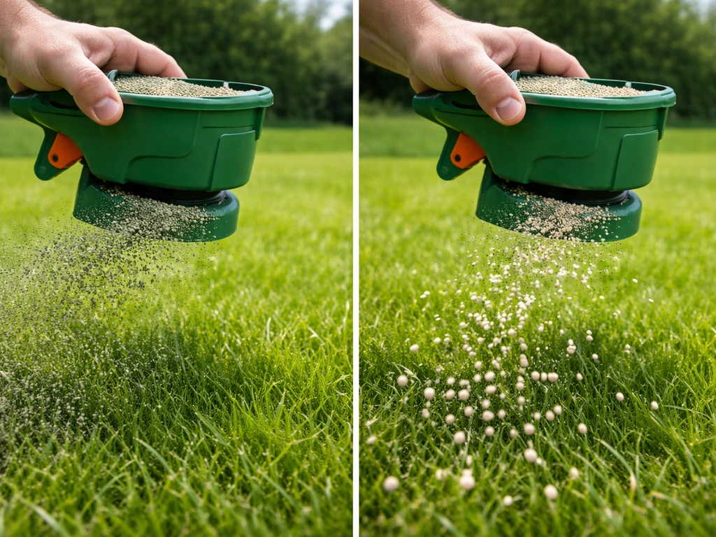 Hand met grasstrooier die mestkorrels op een groen gazon uitstrooit, met lichte kalkkorrels zichtbaar