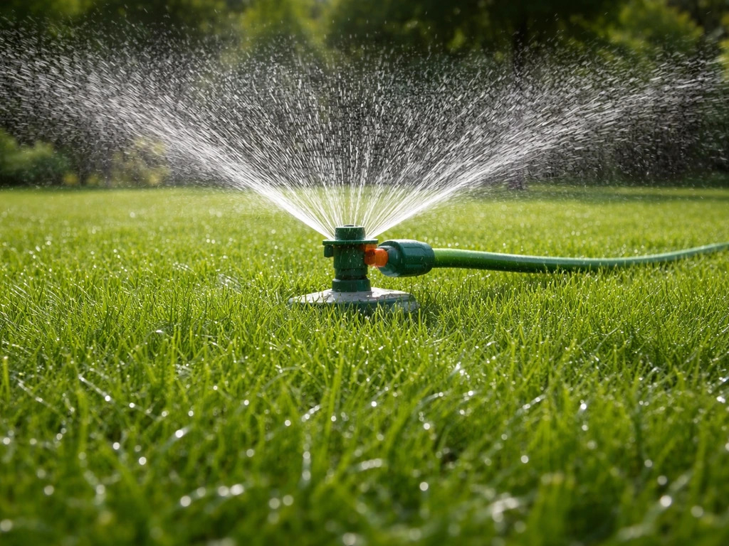Tuinsproeier geeft water op het gazon; vochtige grasbladeren en gelijkmatige beregening in de vroege ochtend.
