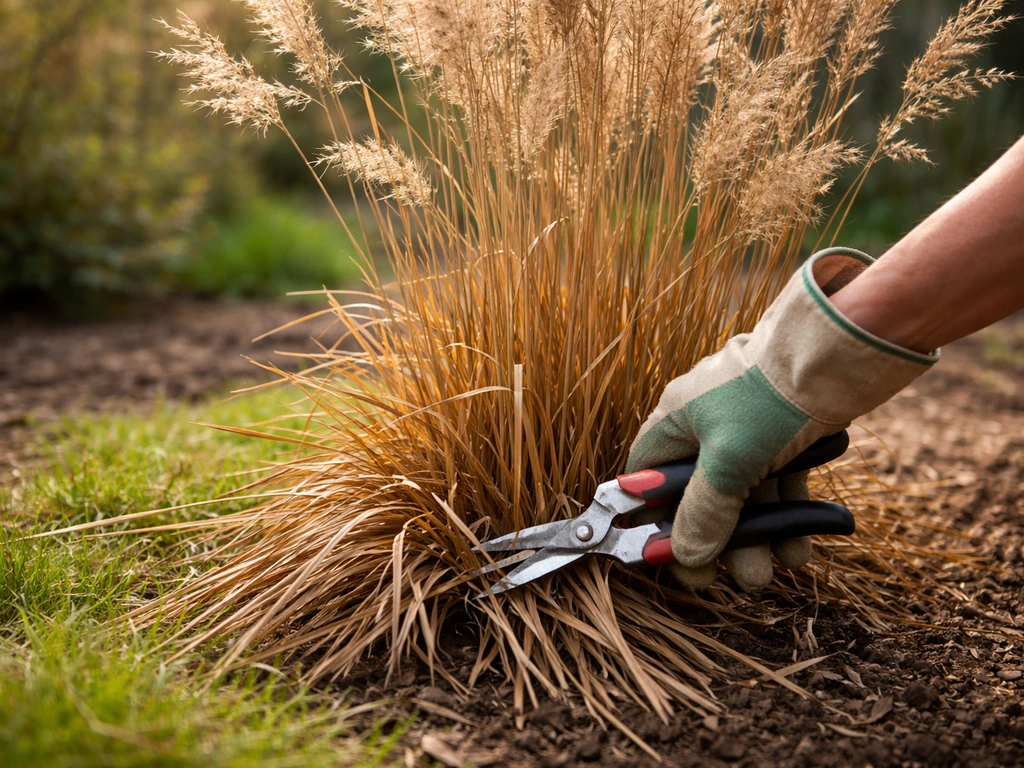 Siergras in de tuin dat in het vroege voorjaar wordt teruggesnoeid, met tuinhandschoen en snoeischaar.
