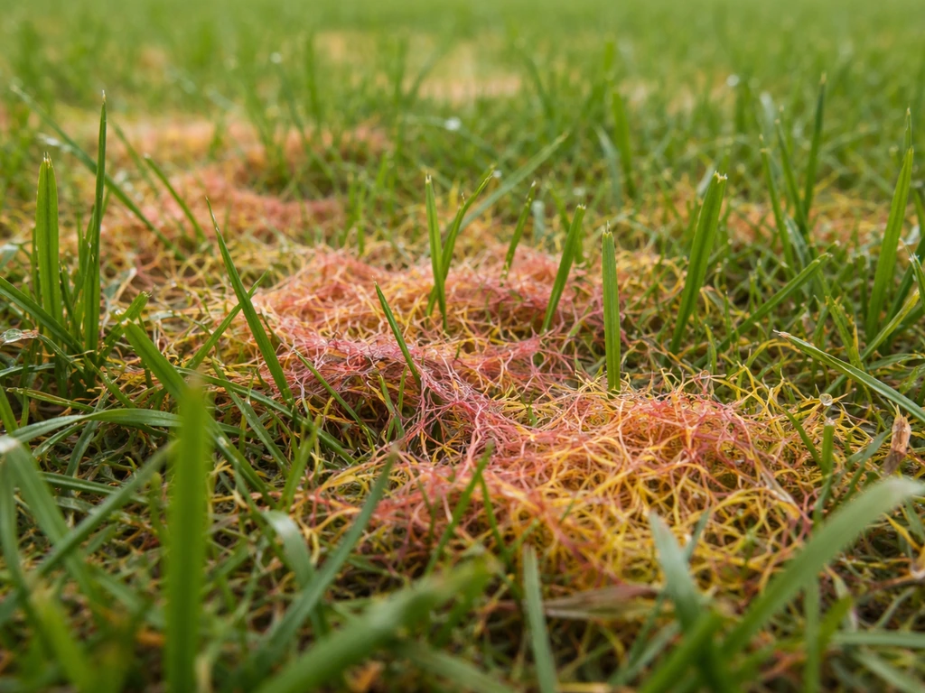 Close-up van rooddraad op een gazon: gele tot roodachtige vlekken met rode draadjes in het gras.
