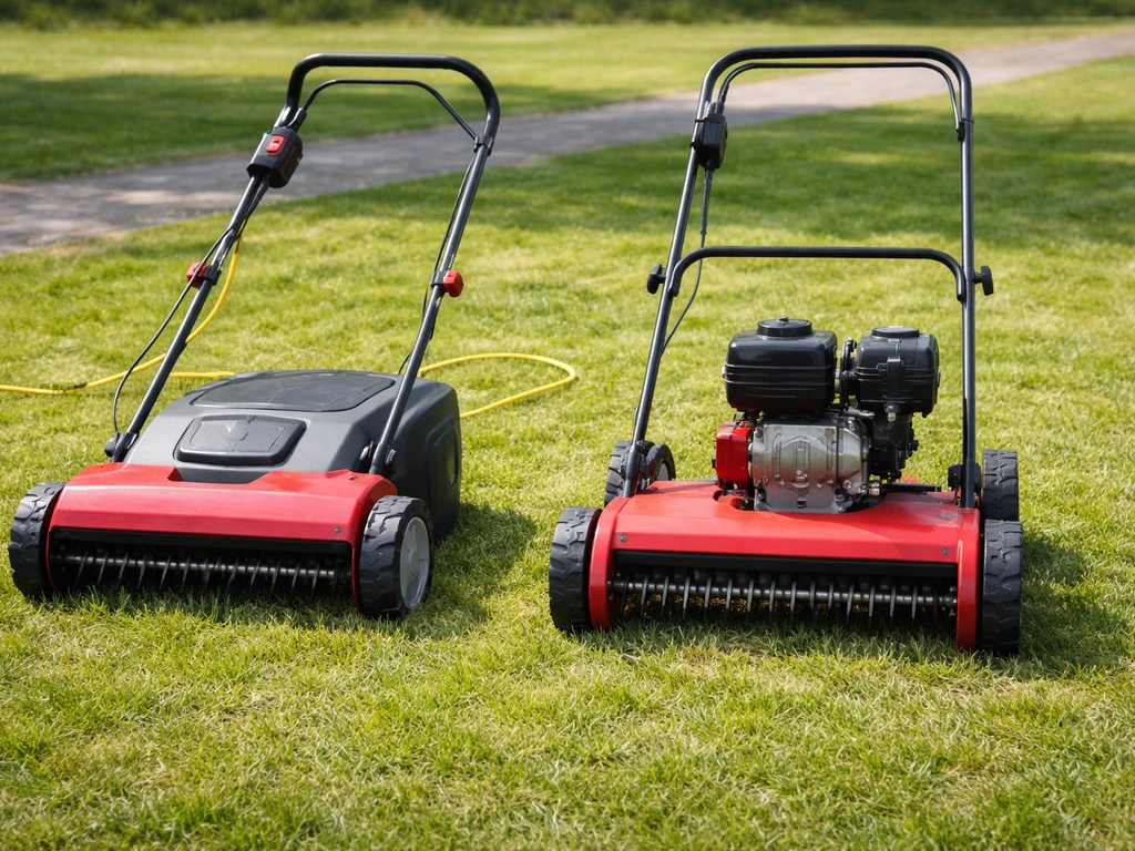 Twee verticuteermachines naast elkaar op een gazon: links elektrisch met snoer, rechts benzine/handgeduwd.