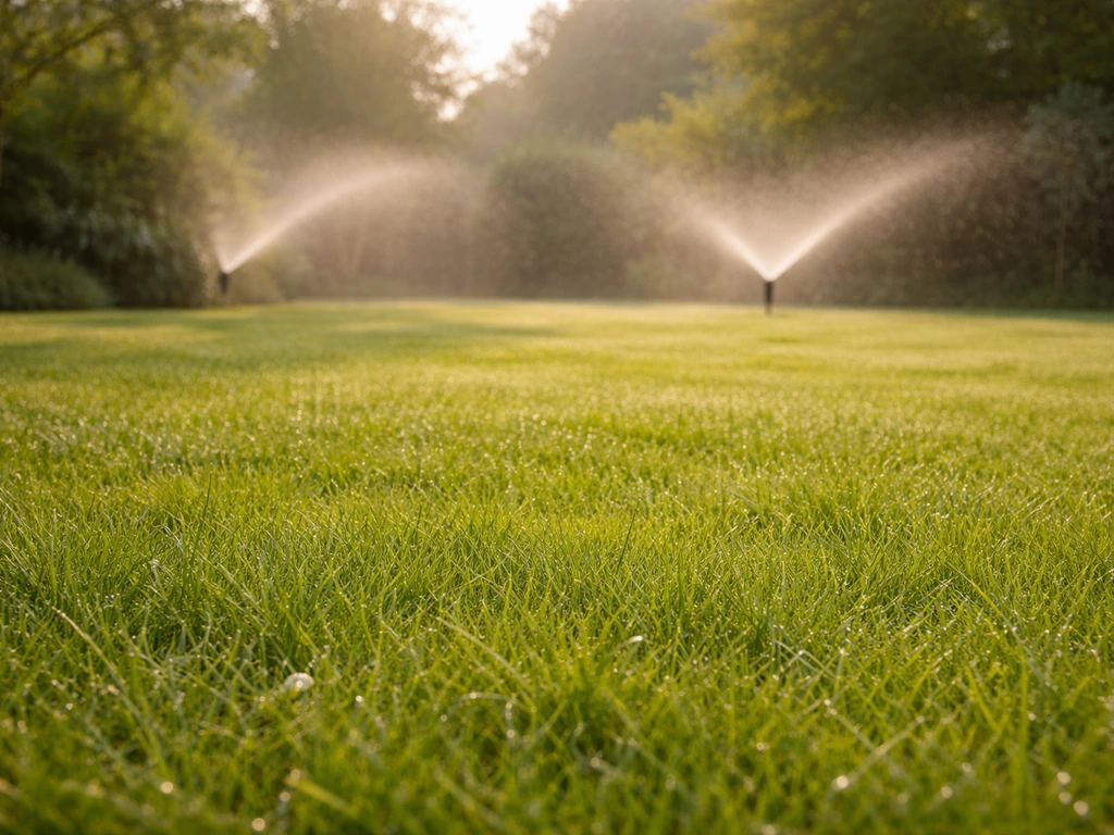 Ochtendgazon met dauw en sproeiers op de achtergrond die fijn water nevelen in koele zon