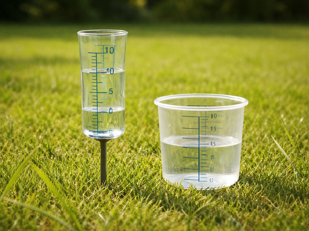 Regenmeter met meetwaterpeil van ca. 1–1,5 cm op het gazon, met een transparante maatbeker/lege blikje naast de regenmet
