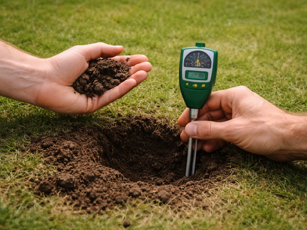 Hand met bodemmeter en bodemmonster in een eenvoudige tuinsetting, die pH- en bemestingscontrole toont.