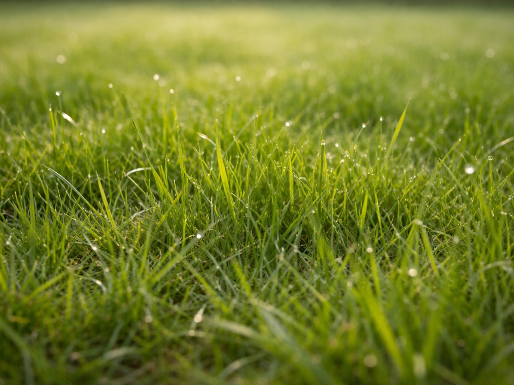 Groen gazon met frisse voorjaarsgroei en dauwdruppels, in natuurlijk ochtendlicht.