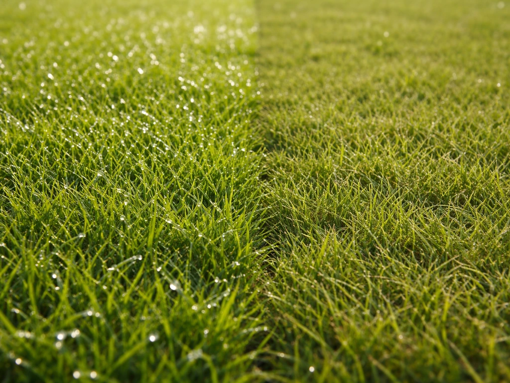 Close-up van gras met ochtenddauw naast droger gras, klaar om te maaien in de late middag.
