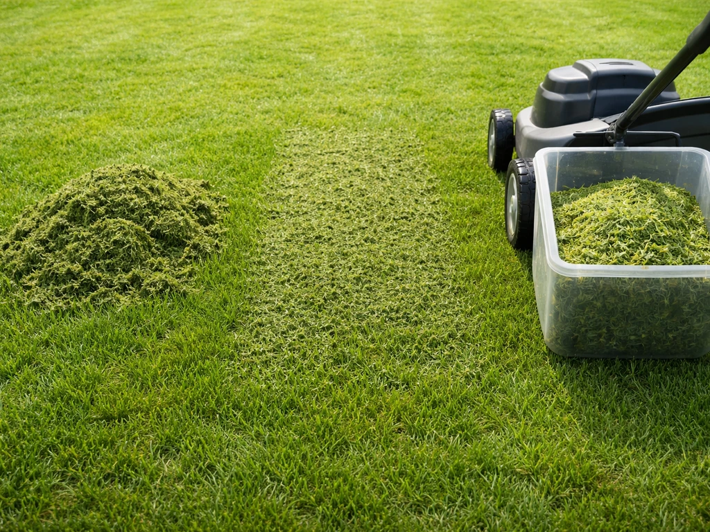 Gazon met drie duidelijk gescheiden maaiselopties: grove resten, fijne mulch en maaisel in een opvangbak.