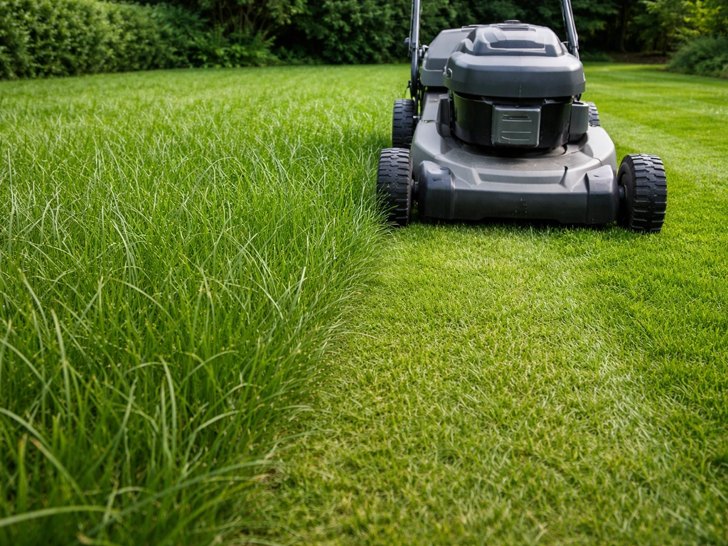 Handelaarstoom: gazonmaaier op hoge snijhoogte, vers opgegroeid gras dat herstelt na maaien