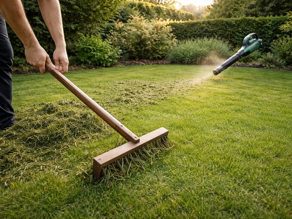 Hark en bladblazer bij een open gazon, maaisel verwijderd en gras klaar voor herstel