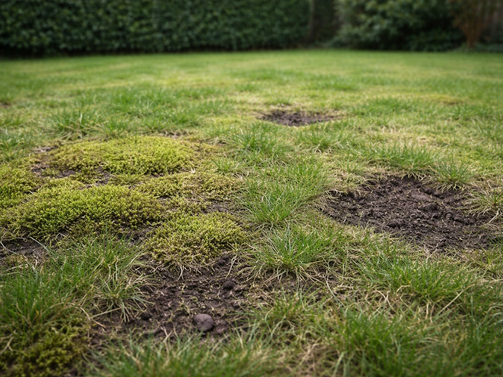 Close-up van een Nederlands gazon met mosplekken, kale plekken en ongelijk groen