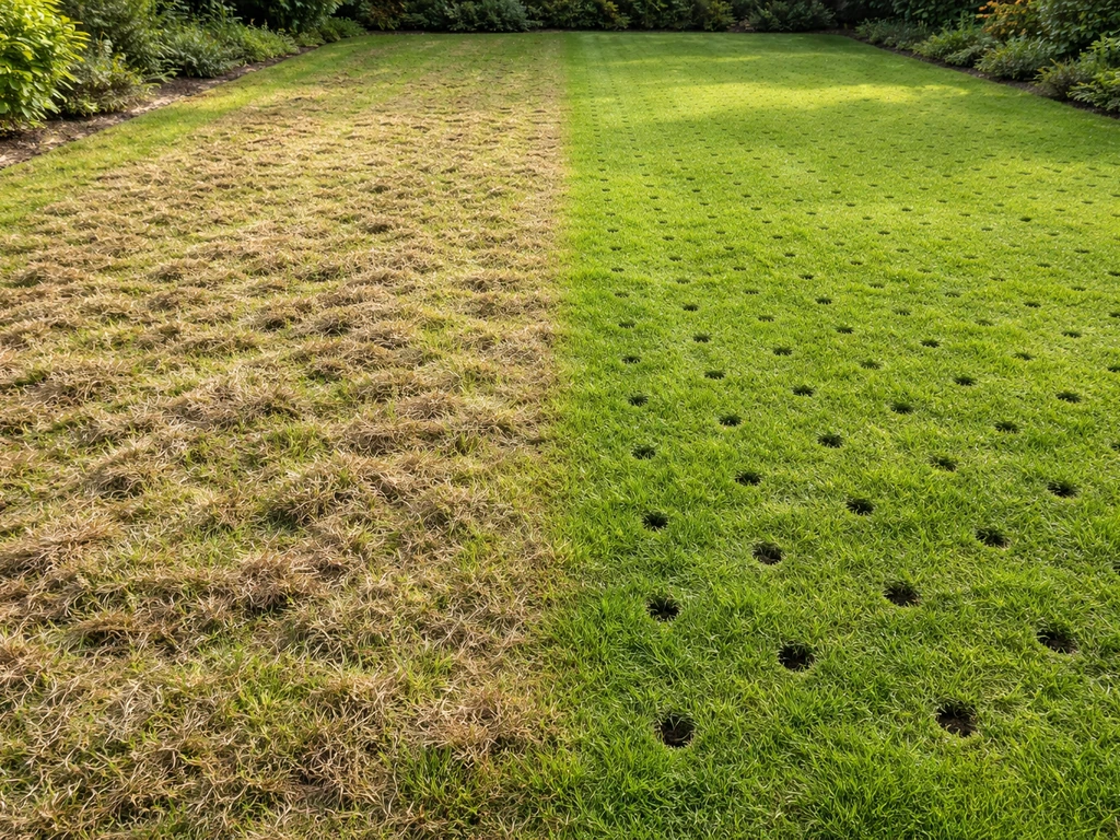 Zelfde gazon met links verticuteersporen en viltresten, rechts kleine beluchtingsgaten in de bodem.