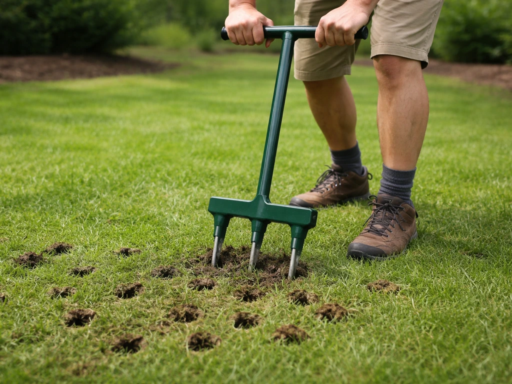 Man belucht een gazon met een handmatige beluchter; zichtbare gaten van enkele centimeters diep in de grond.