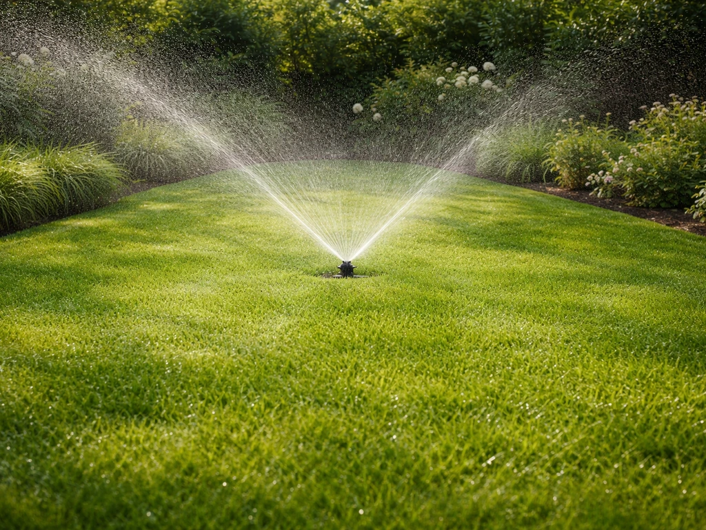 Een tuinsproeier besproeit gelijkmatig het gazon, met zichtbare waterstralen en vochtig gras in de tuin.