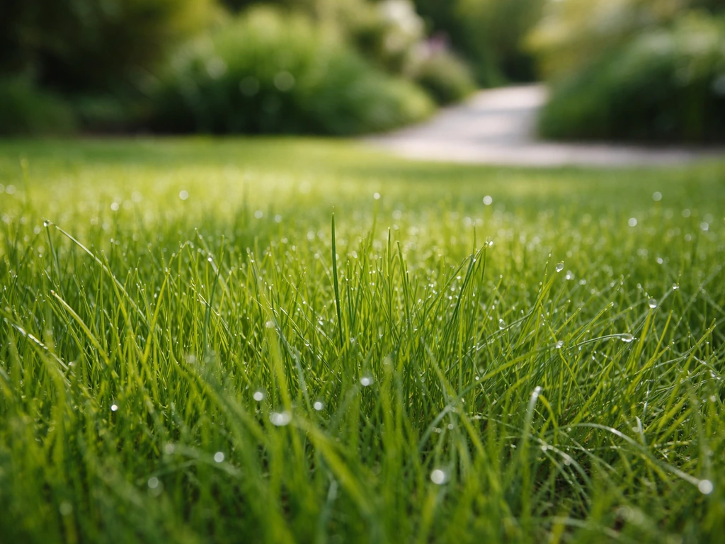 Frisgroen gazon met nieuwe voorjaarsscheuten en dauwdruppels, op een rustige, minimalistische tuinachtergrond.