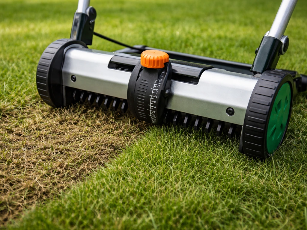 Close-up van verticuteermachine met werkdiepte-afstelling naast een gazonstrook, minimalistisch en realistisch.