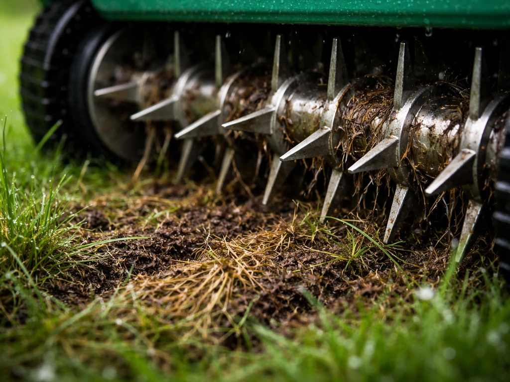 Close-up van verticuteermesjes die in natte viltlaag van een gazon haken, met beschadigd gras zichtbaar.