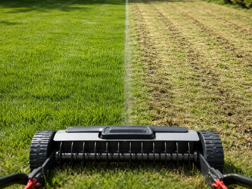 Linker deel gras op 3–4 cm, rechter deel met lichte verticuteersporen na een lage pass.