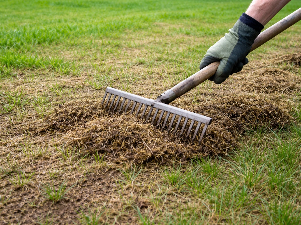 Harde hark veegt los vilt weg op een net verticuteerd gazon met zichtbaar opengewerkte grond.