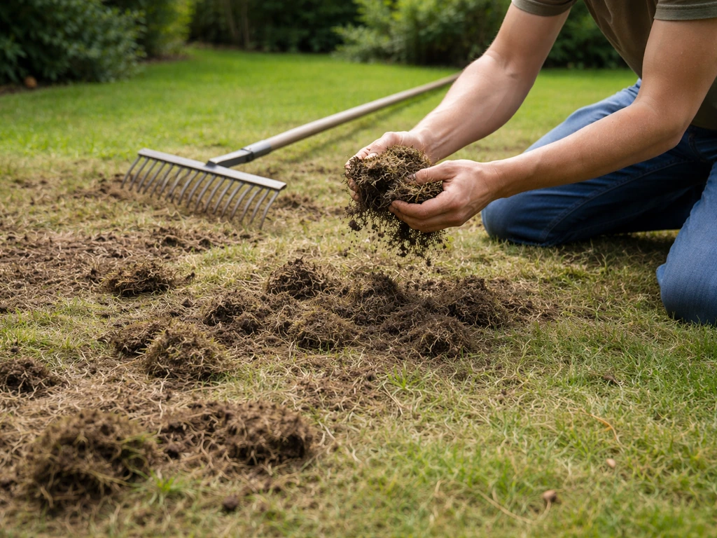 Tuin met grasmat waar kluiten na verticuteren met een hark worden gebroken en weggeharkt