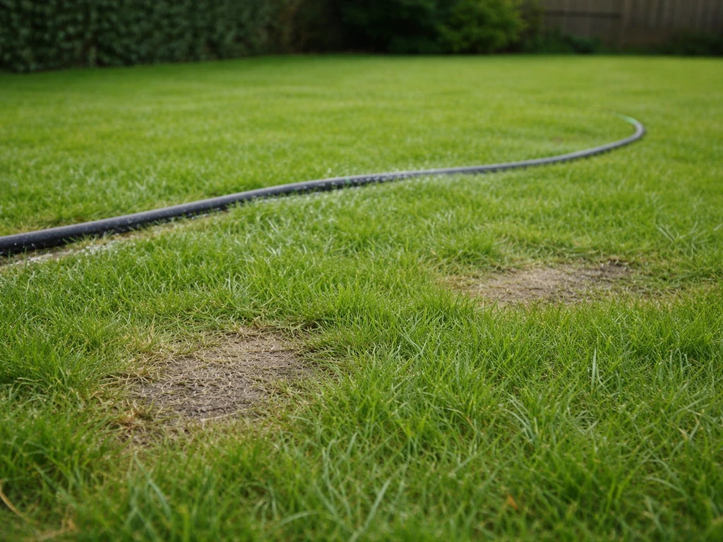 Gezond Nederlands gazon met licht aangetaste plekjes en vochtige grond, alsof aaltjes tegen engerlingen zijn toegepast.